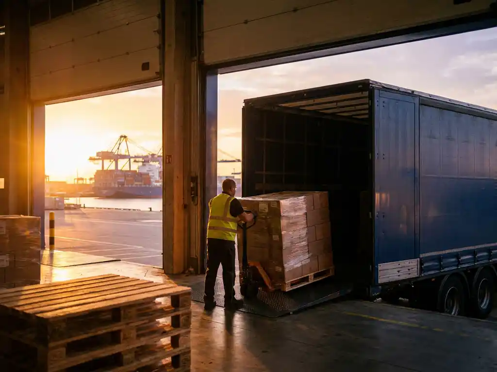 Vrachtwagen wordt geladen met gepalletiseerde goederen door heftruck in moderne loods, containerschip zichtbaar op achtergrond