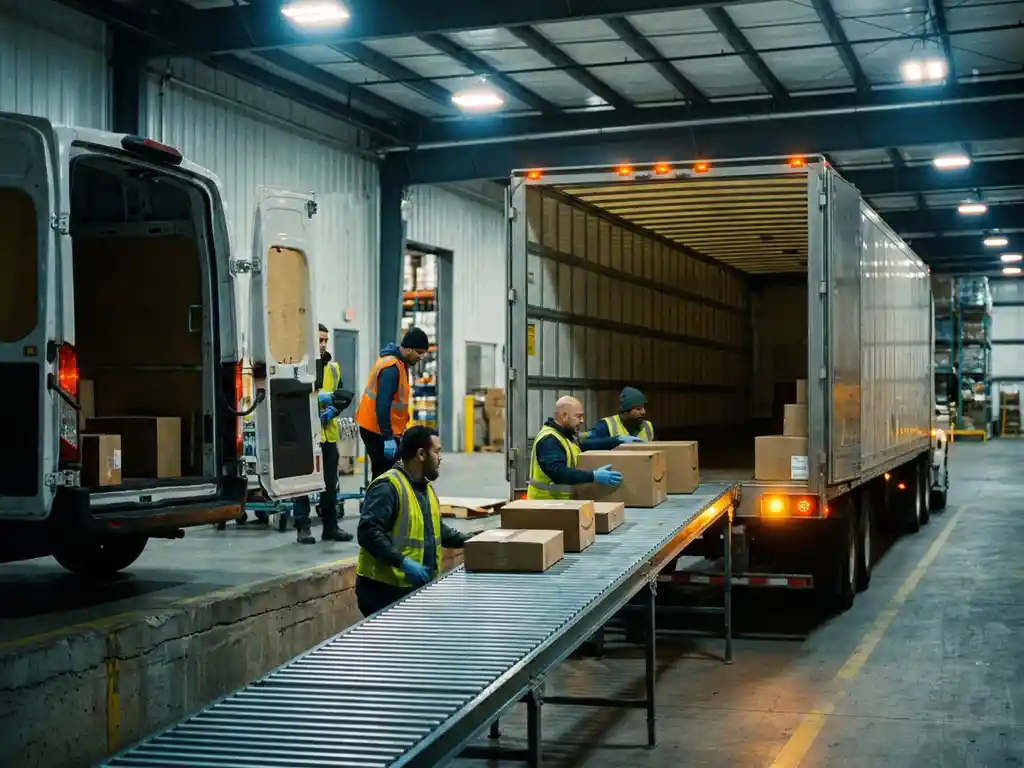 Vrachtwagen lost pakketten over aan bestelwagen op moderne laaddok van magazijn, arbeiders coördineren efficiënte overslag