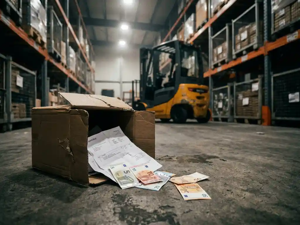 Beschadigde kartonnen doos lekt euro's en facturen op betonnen magazijnvloer, met vorkheftruck en palletrekken op achtergrond.