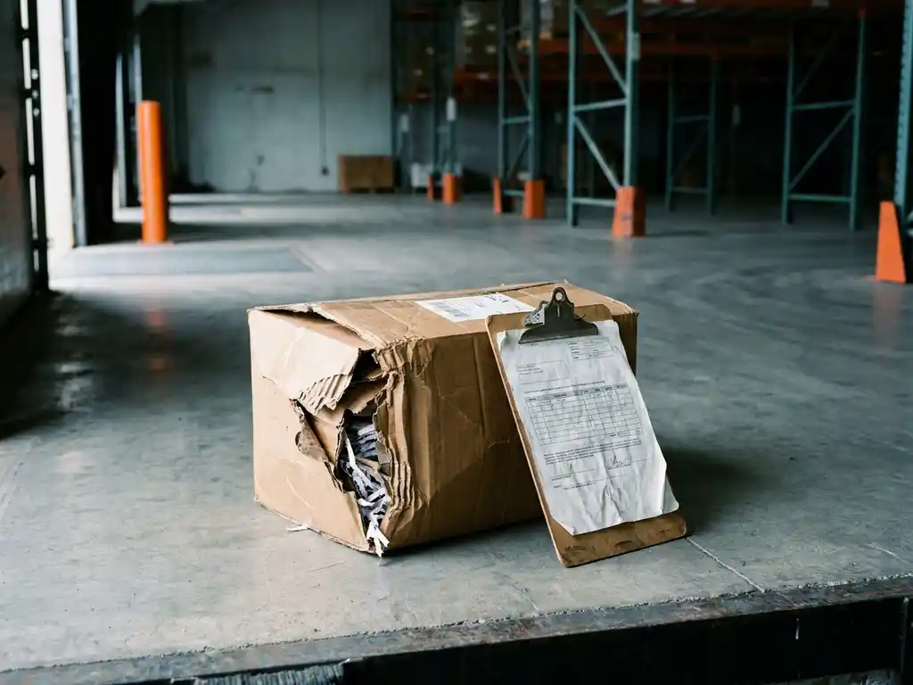 Beschadigde kartonnen verzenddoos met gekreukte hoek op laaddok, clipboard met afleveringspapieren ertegenaan.