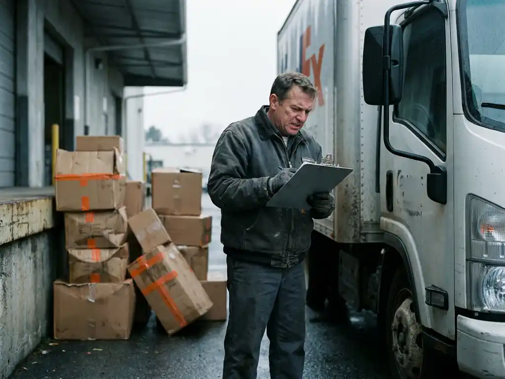 Gefrustreerde bezorger met klembord naast witte vrachtwagen op industrieel laaddok, omringd door ongelijk gestapelde dozen.