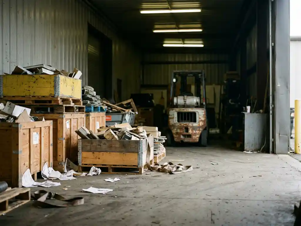 Rommelig laaddok met ongesorteerde pallets, scheef gestapelde houten kratten en een stilstaande heftruck op de achtergrond.