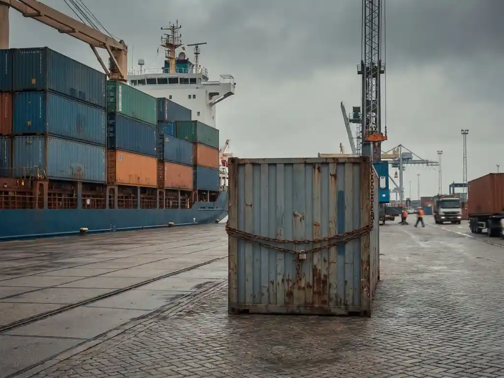 Vrachtschip aangemeerd in Europese haven met geïsoleerde zeecontainer vastgeketend met roestige ketting op de kade.