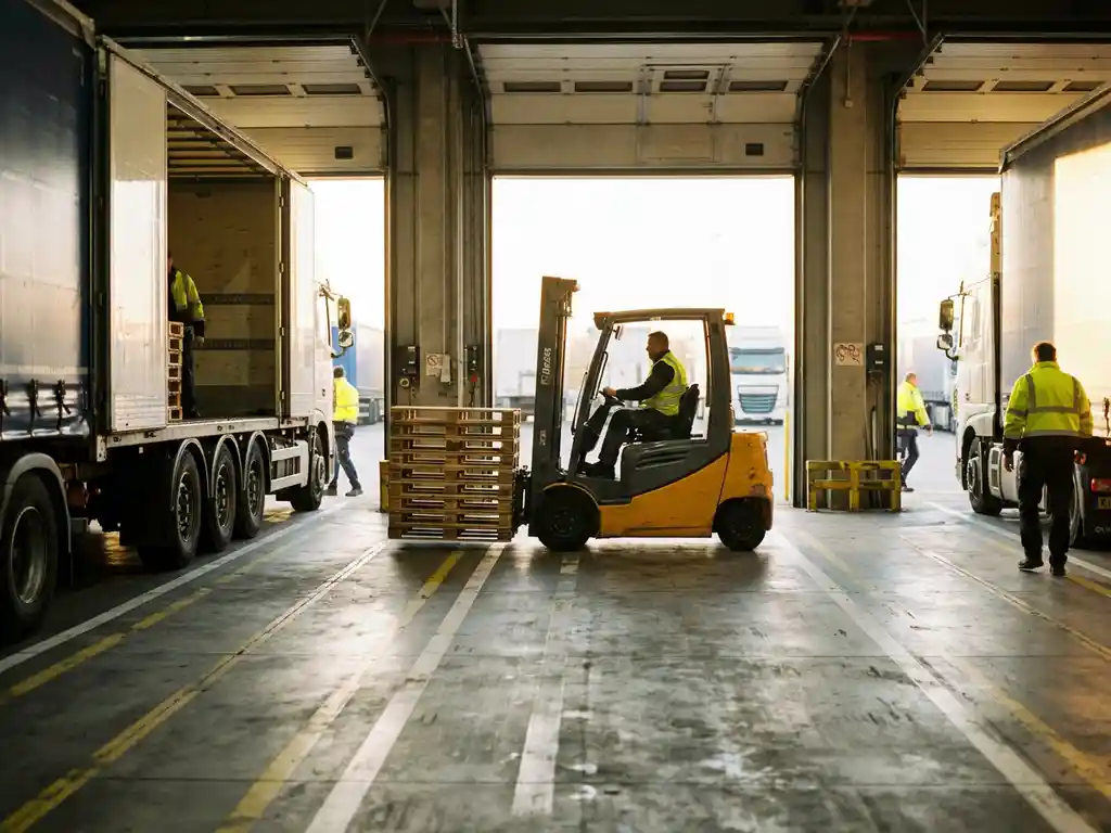 Heftruck verplaatst gestapelde pallets tussen twee vrachtwagens in een Europese distributiedock met betonnen vloer en open laaddeuren.