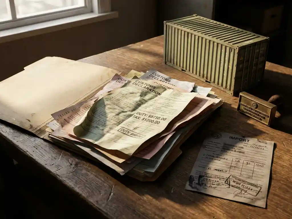 Stapel verfrommelde douaneformulieren in een opengevallen manillamap op een eiken bureau, met zichtbare invoerdocumenten en hoge invoerrechten.