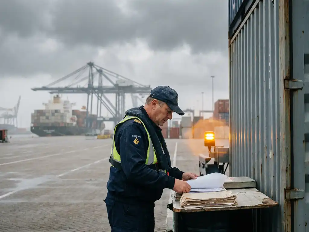 Douanebeambte controleert papieren documenten naast een zeecontainer in de haven van Rotterdam, met kranen en vrachtschepen op de achtergrond.