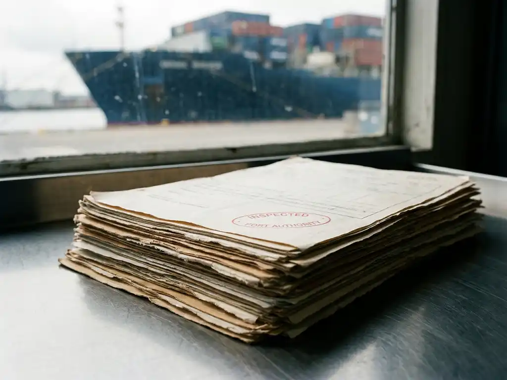 Stapel douanedocumenten met rood inktstempel op stalen inspectiebalie, containerschip vaag zichtbaar op achtergrond in haventerminal.
