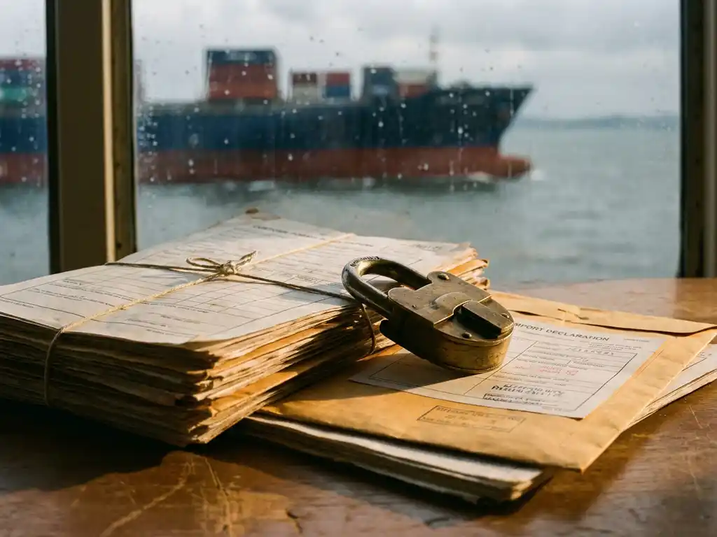 Stapel ongeopende douanedocumenten met messing hangslot op verouderd houten bureau, containerschip zichtbaar door regenbeslagen raam.