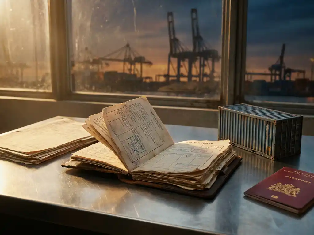 Versleten lederen douanedossier op stalen bureau met Nederlands paspoort, scheepsdocumenten en containermodel, Rotterdamse havenkranen op achtergrond.