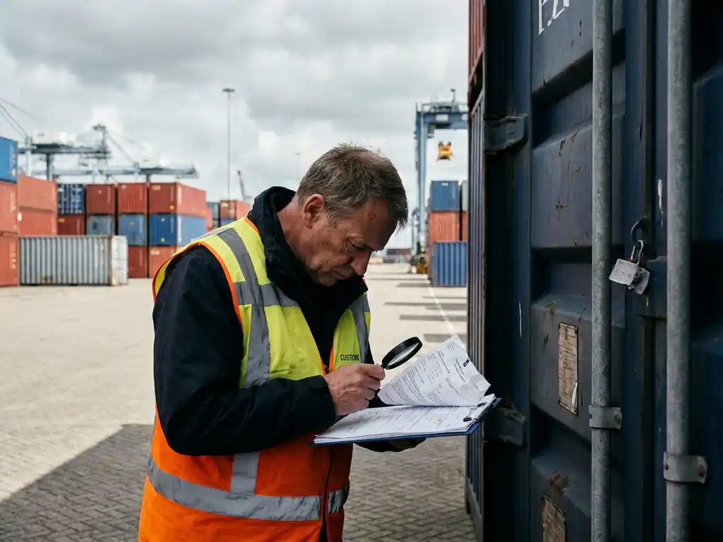 Douane-inspecteur in veiligheidsvest controleert certificeringsdocumenten naast verzegelde zeecontainer in haven van Rotterdam.