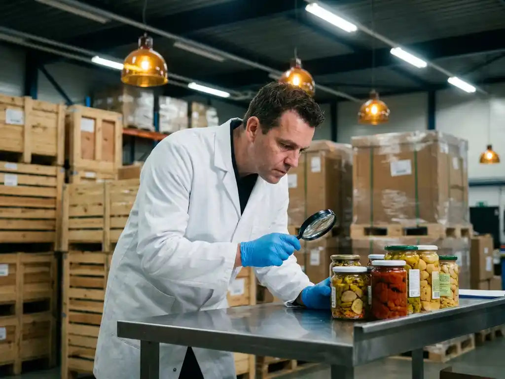 Douaneinspecteur in witte jas controleert geïmporteerde voedselproducten op roestvrijstalen tafel in Nederlands magazijn.