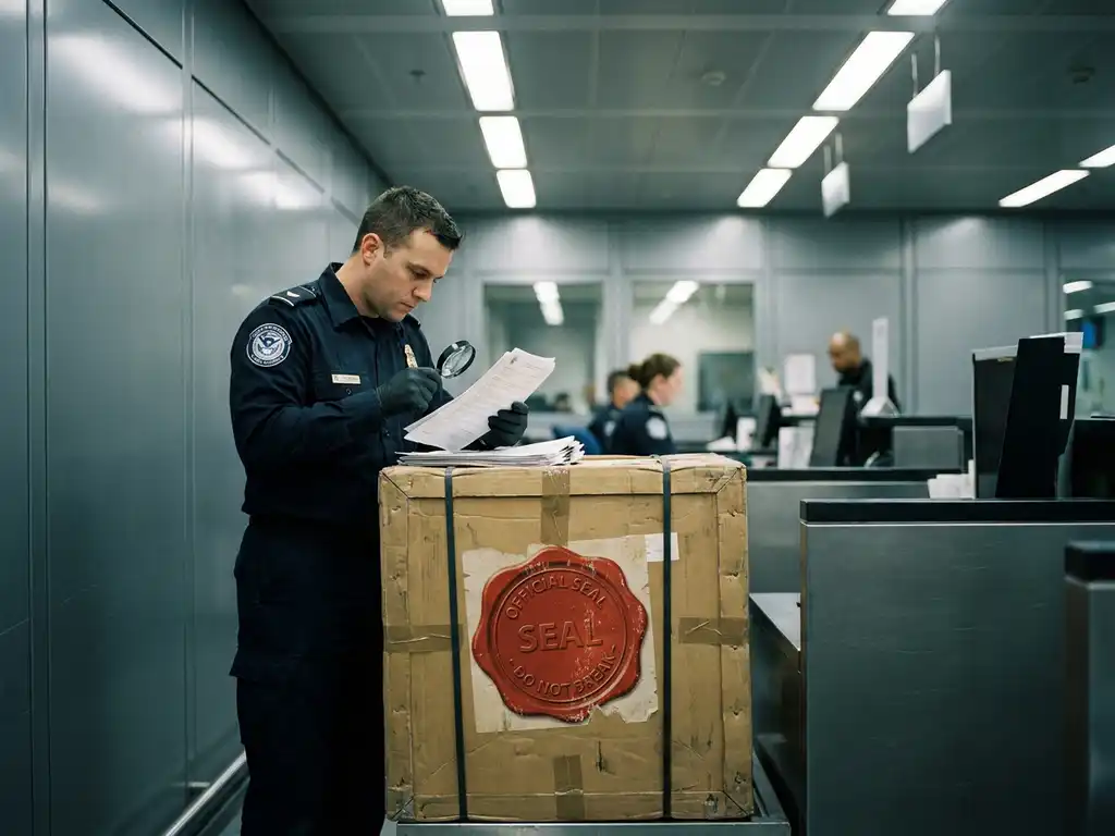 Douanebeambte in uniform inspecteert documenten naast verzegelde kartonnen verzendkrat op steriele inspectietoonbank.