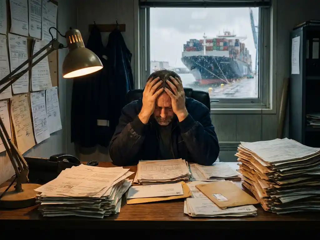 Overspoelde havenmanager aan rommelig bureau vol douanedocumenten, containerschip zichtbaar door regenachtig raam op de achtergrond.