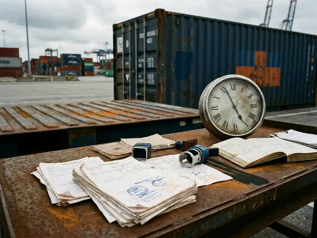 Vrachtcontainer in haventerminal omgeven door douanedocumenten en officiële stempels op verroest staaloppervlak.