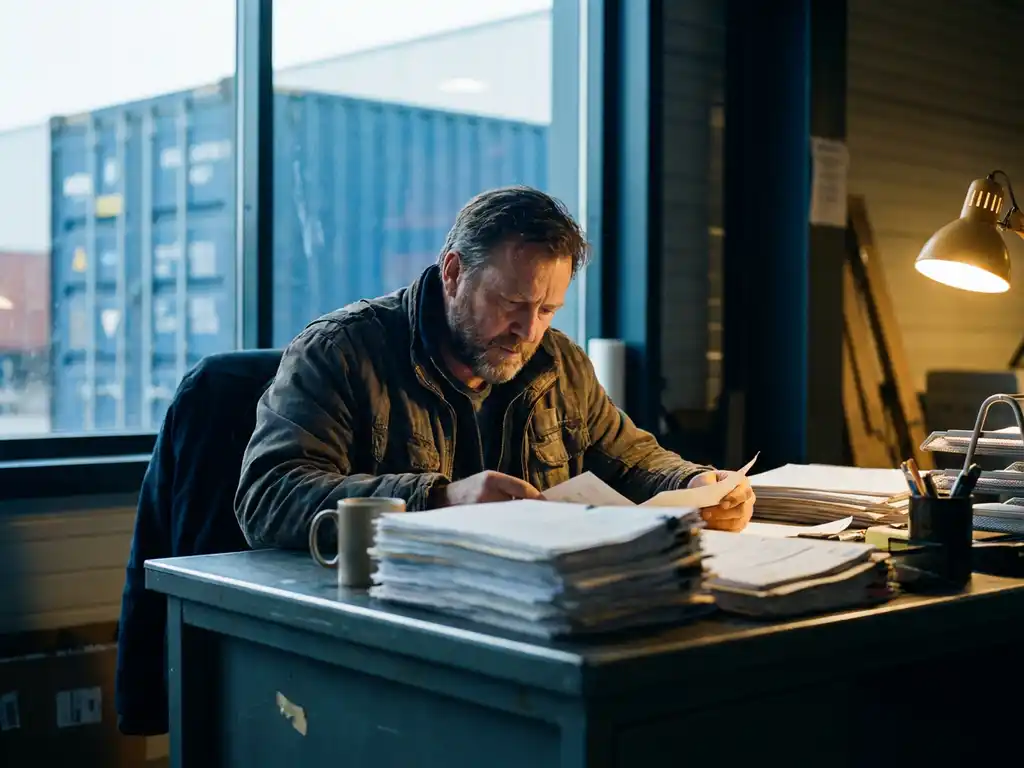 Expediteur bekijkt stapel douanedocumenten aan stalen bureau, vrachtcontainer zichtbaar door magazijnraam op achtergrond.