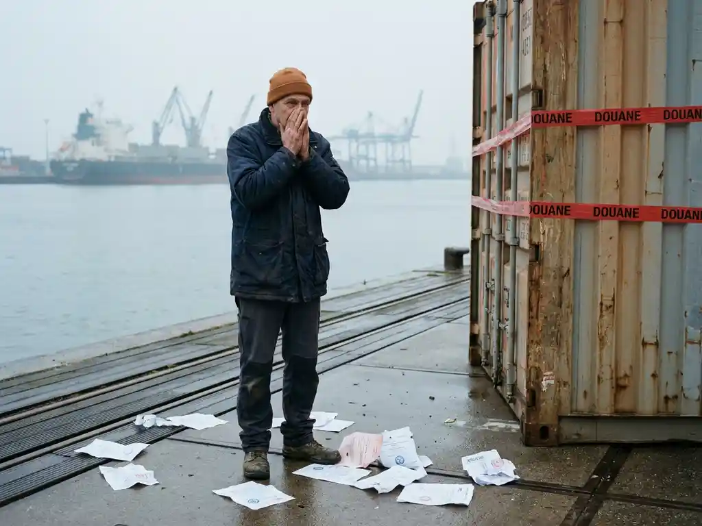Gestresste Nederlandse importeur bij Rotterdamse kade naast vrachtcontainer met douanetape, documenten verspreid op de grond, vrachtschip op de achtergrond.
