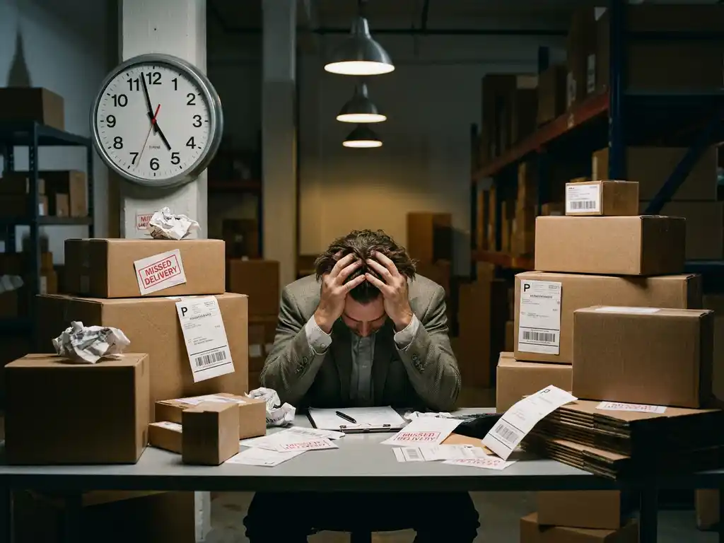 Gestresste ondernemer aan rommelig magazijnbureau met overvolle dozen, verzenddocumenten en gemiste bezorgmeldingen onder industriële verlichting.
