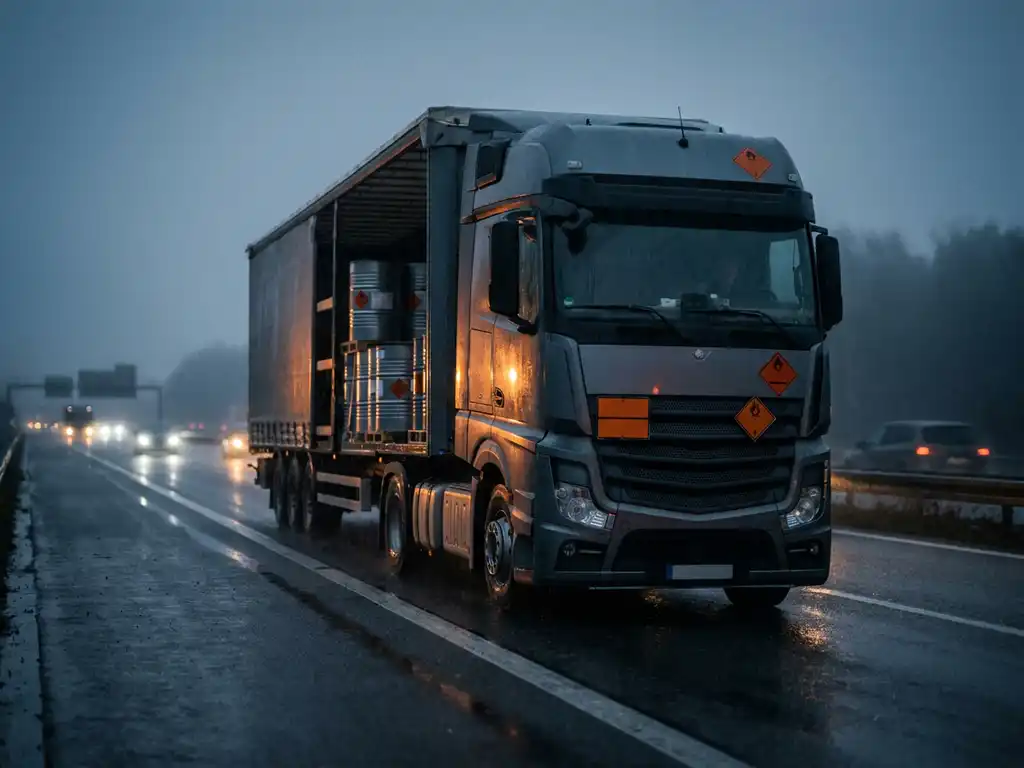 Gevaarlijke stoffen vrachtwagen met oranje waarschuwingsdiamanten op regennat Europees snelweg bij schemering, industriële vaten zichtbaar.