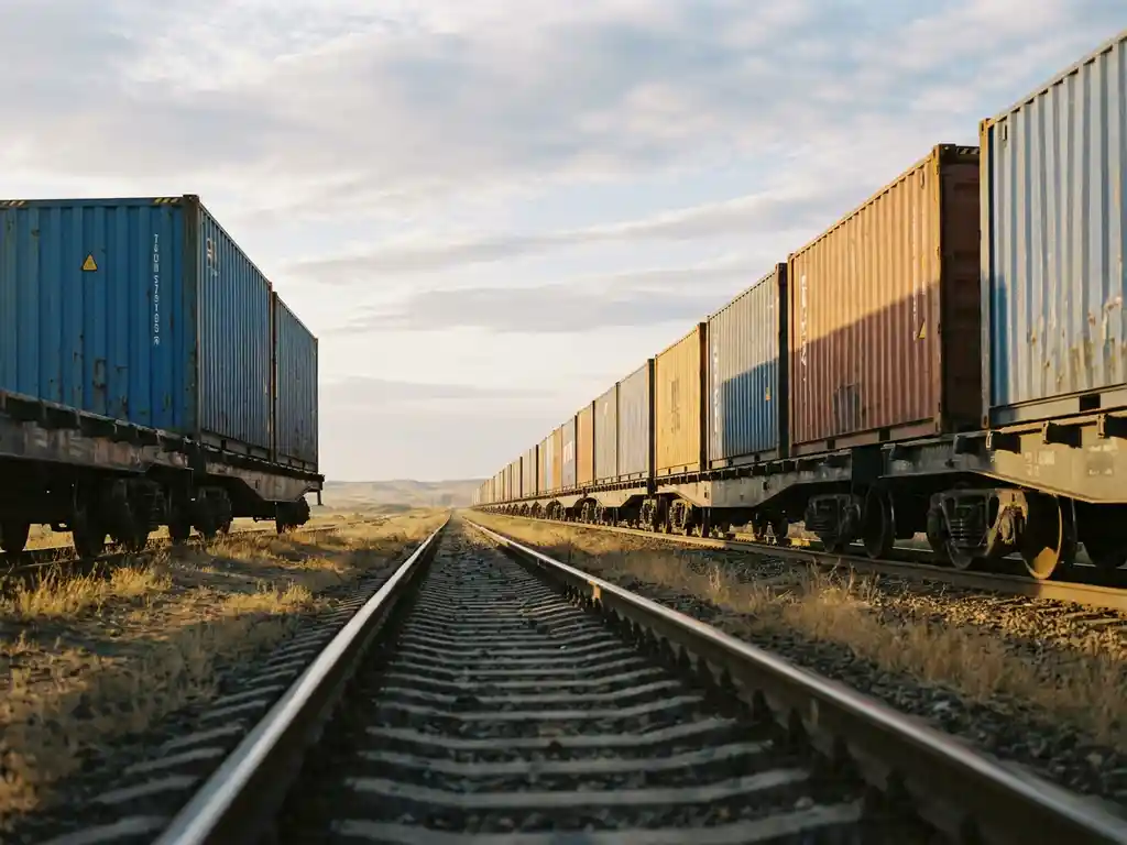 Goederentrein met intermodale containers rijdt door de Euraziatische steppe tijdens het gouden uur, met rails die samenkomen aan de horizon.