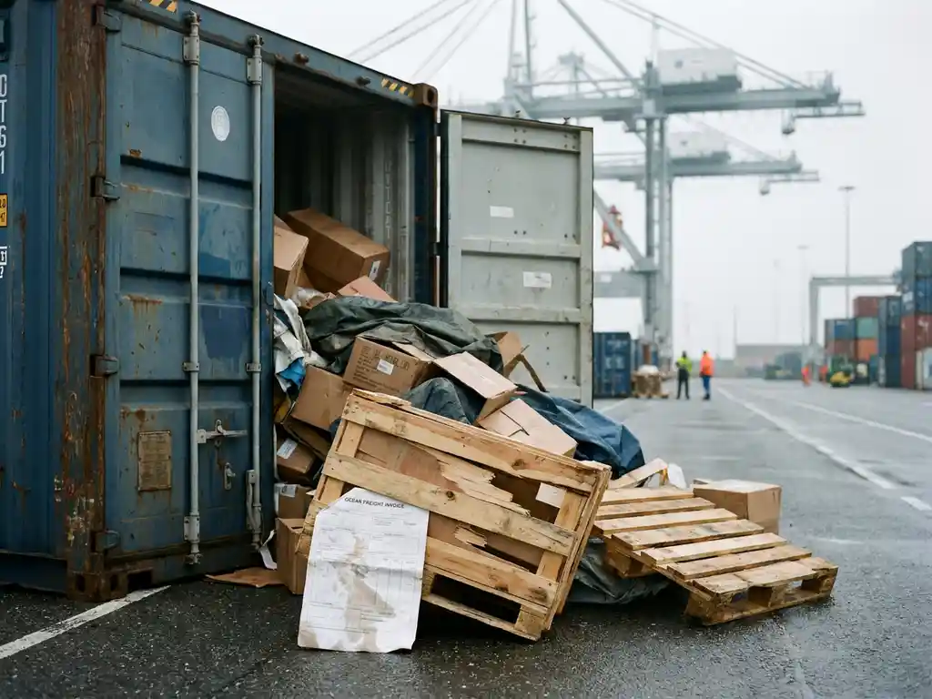 Open zeecontainer op Rotterdamse kade met rommelige gemengde lading, verfrommelde vrachtfactuur onder houten kist, havenkranen op achtergrond.