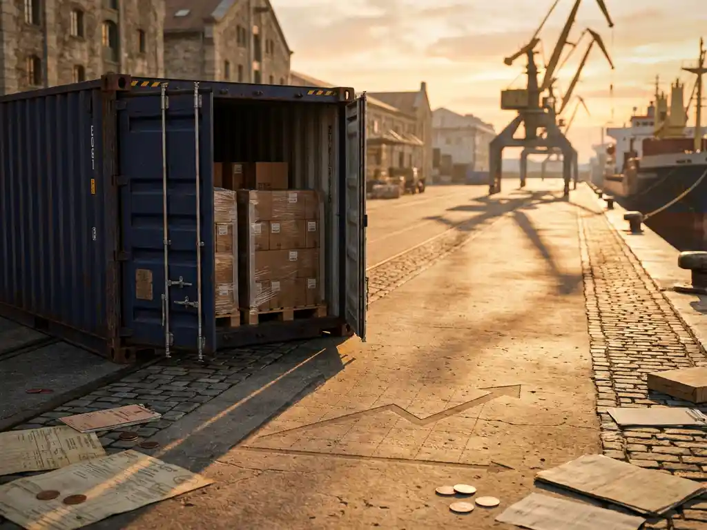 Geopende zeecontainer op Europese havenkade met gestapelde pallets, verspreid geld en vrachtdocumenten in goudgeel middaglicht.