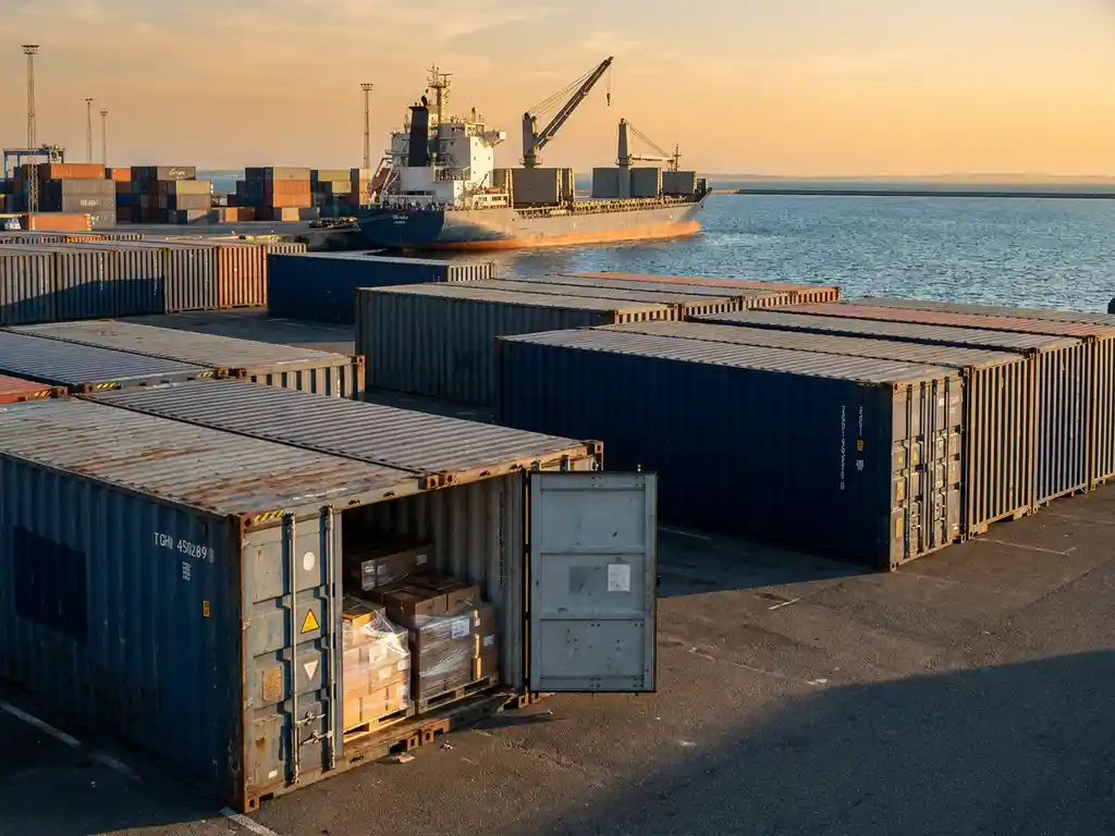 Gestapelde zeecontainers in Europese haven met geopende containerdeur en vrachtschip op de achtergrond in middaglicht.