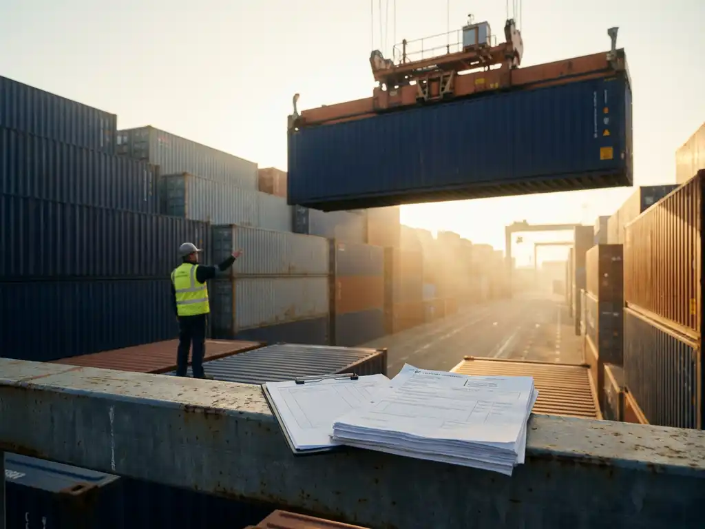 Vrachtbegeleider coördineert containerhijs met havenkraan in de Port of Rotterdam, douanedocumenten op stalen reling op de voorgrond.