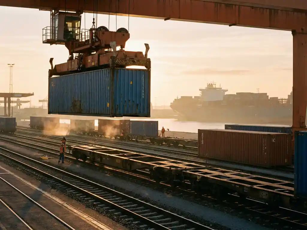 Kraan tilt vrachtcontainer op goederentrein in Europese intermodale terminal, vrachtschip zichtbaar in mistige haven op de achtergrond.