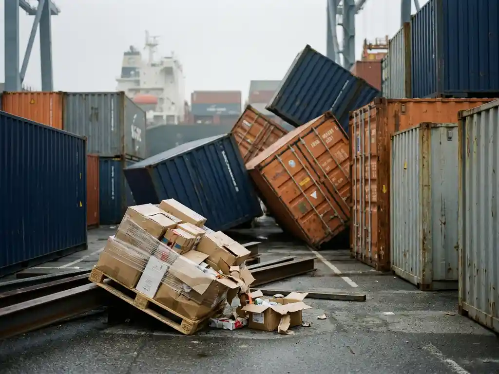 Omgevallen pallet met kartonnen dozen tussen kleurrijke zeecontainers op een drukke internationale haven.