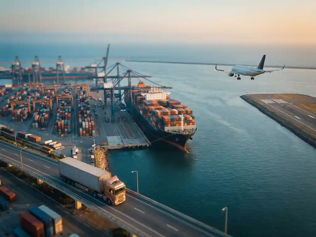Vrachtschip, vrachtwagen en vliegtuig convergeren bij een internationale haven in gouden uurtje, met gestapelde containers op de kade.