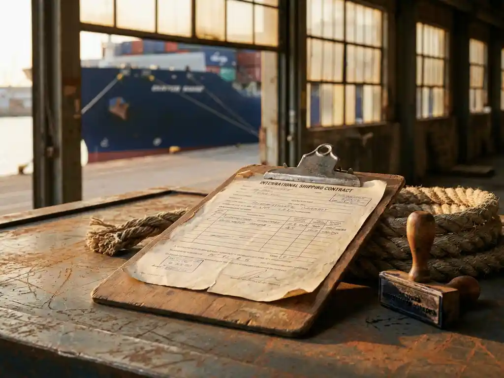 Verouderd houten klembord met internationaal scheepvaartcontract op stalen kade, containerschip zichtbaar door magazijnraam op de achtergrond.