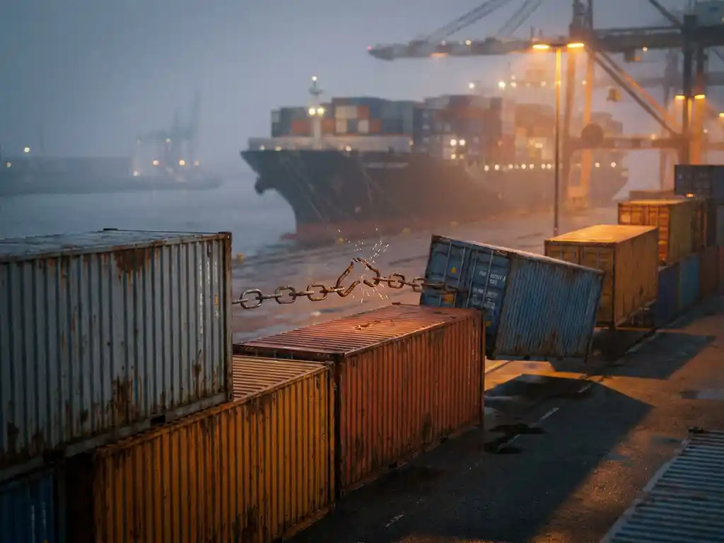Gebarsten roestige schakelketting met vrachtcontainers in de haven van Rotterdam bij schemering, containerschip op de achtergrond.