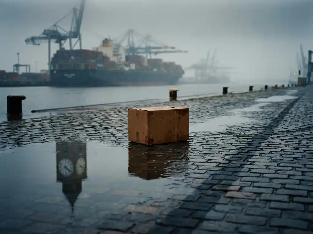 Kartonnen verzenddoos op natte kade van Europese haven, met containerschip in mistige achtergrond en klokweerspiegeling in plas.