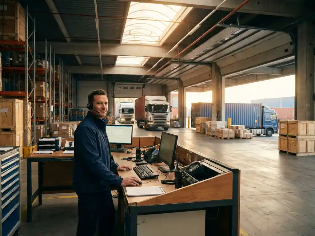 Logistiek coördinator aan controlebord in magazijn met trucks, containers en pallets in warm amberkleurig middaglicht.
