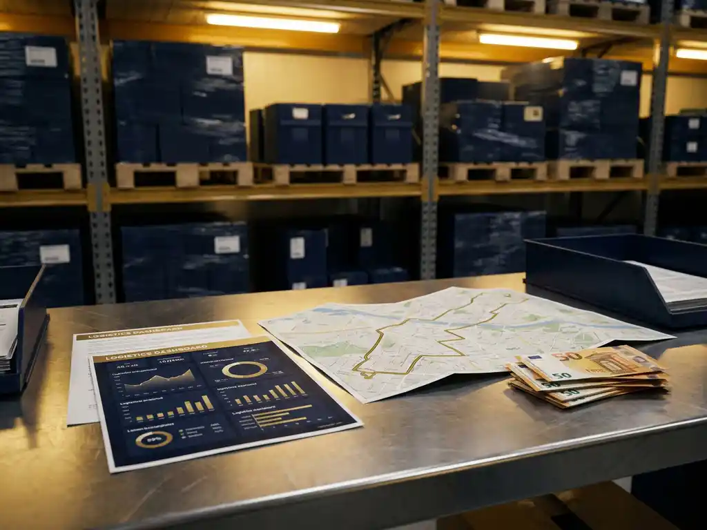 Logistiek dashboard en papieren bezorgroute op metalen bureaublad naast groeiende stapel eurobiljetten, met magazijnstellingen op achtergrond.