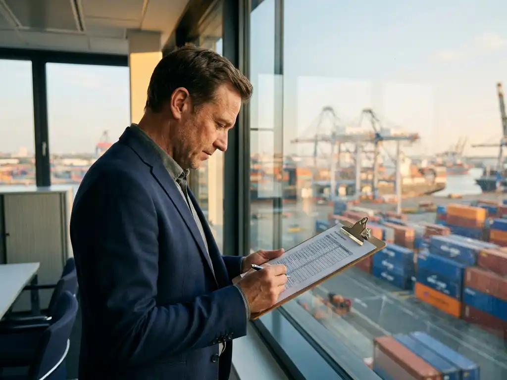 Logistiek manager bekijkt checklist op klembord in modern kantoor met uitzicht op drukke containerhaven met kranen.