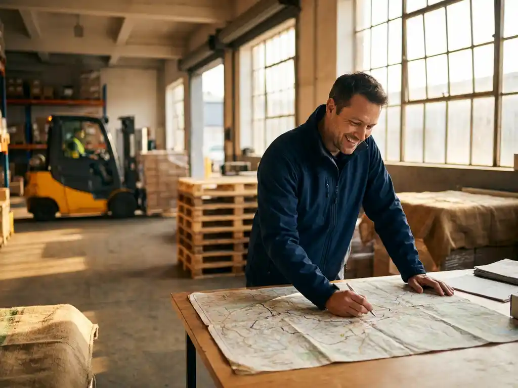 Logistiek manager bestudeert routekaart aan magazijnbureau, met pallets en heftruck op de achtergrond in warm gouden licht.