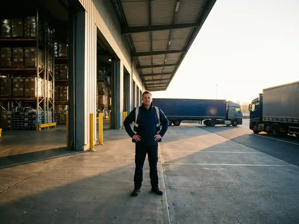 Logistiek manager op laaddok van modern magazijn, toezicht op vertrekkende vrachtwagens in gouden avondlicht met palletrekken op achtergrond.