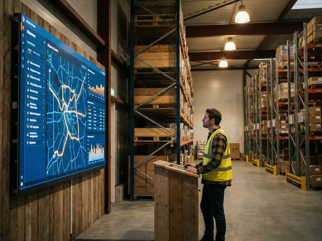 Logistiek medewerker in veiligheidsvest bewaakt verzendroutes op digitaal dashboard in modern Europees magazijn met gestapelde pallets.
