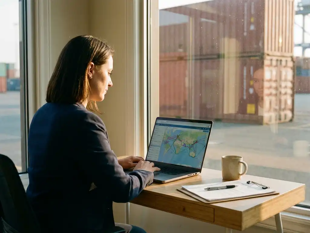Logistiek professional bekijkt zendingstracking-dashboard op laptop, vrachtcontainer zichtbaar op achtergrond, warm ochtendlicht.