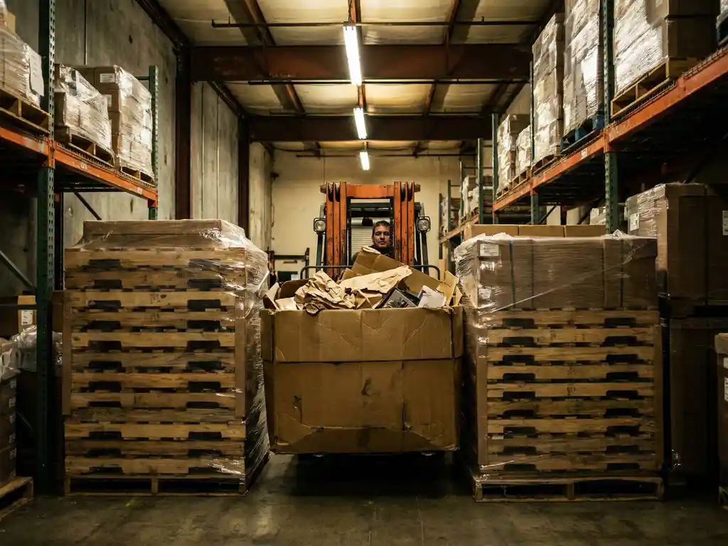Overvolle kartonnen doos blokkeert een vorkheftruck in een smalle magazijngang, met hoge palletstapels op de achtergrond.
