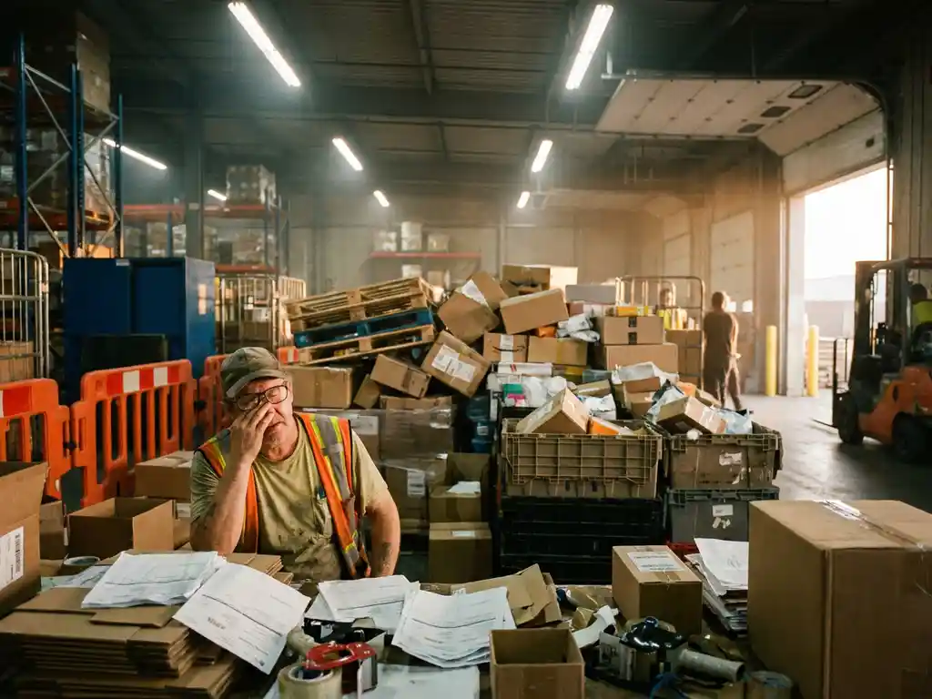 Gestresste magazijnmedewerker omringd door ongeordende pakketpalen en verzendlijsten op een drukke logistieke laaddok tijdens piekseizoen.
