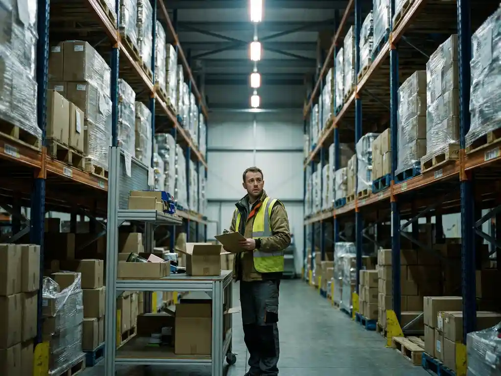 Magazijnmedewerker met klembord bij bijna leeg pickstation, omringd door hoog opgestapelde pallets met krimpfolie in stalen stellingen.