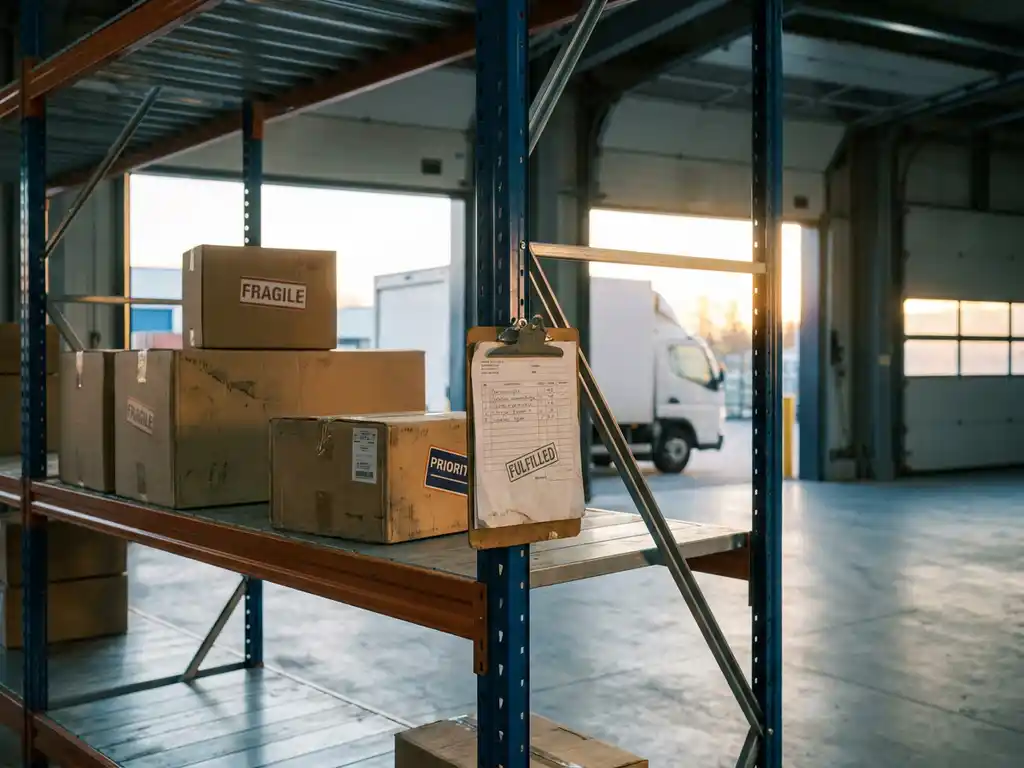 Bijna lege magazijnstelling met enkele dozen, een bezorgwagen zichtbaar door open laaddeuren en een klembord met een afgehandelde order.