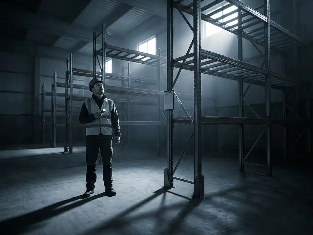 Magazijnmedewerker ontdekt lege palletrekken in industrieel distributiecentrum met vijf verdiepingen hoog metalen stellingwerk.
