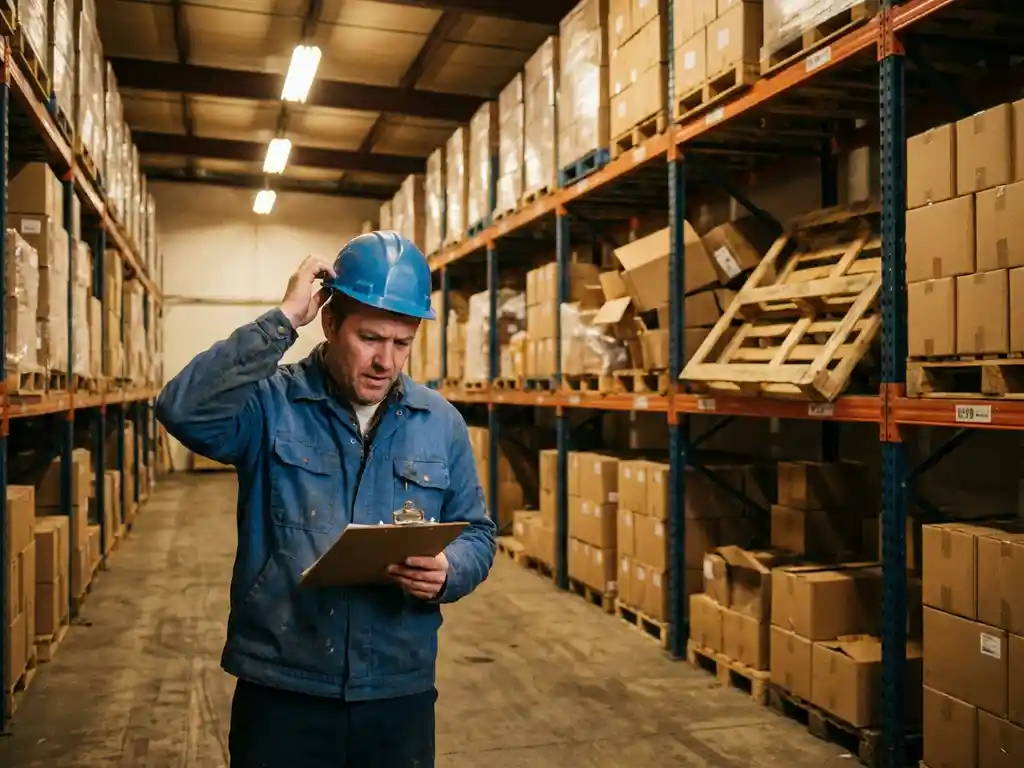 Magazijnmedewerker met klembord kijkt verward naar onvolledige palletstelling in groot distributiecentrum.