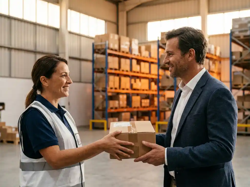 Magazijnmedewerker overhandigt verzegeld pakket aan glimlachende zakelijke klant in modern magazijn met palletrekken op achtergrond.