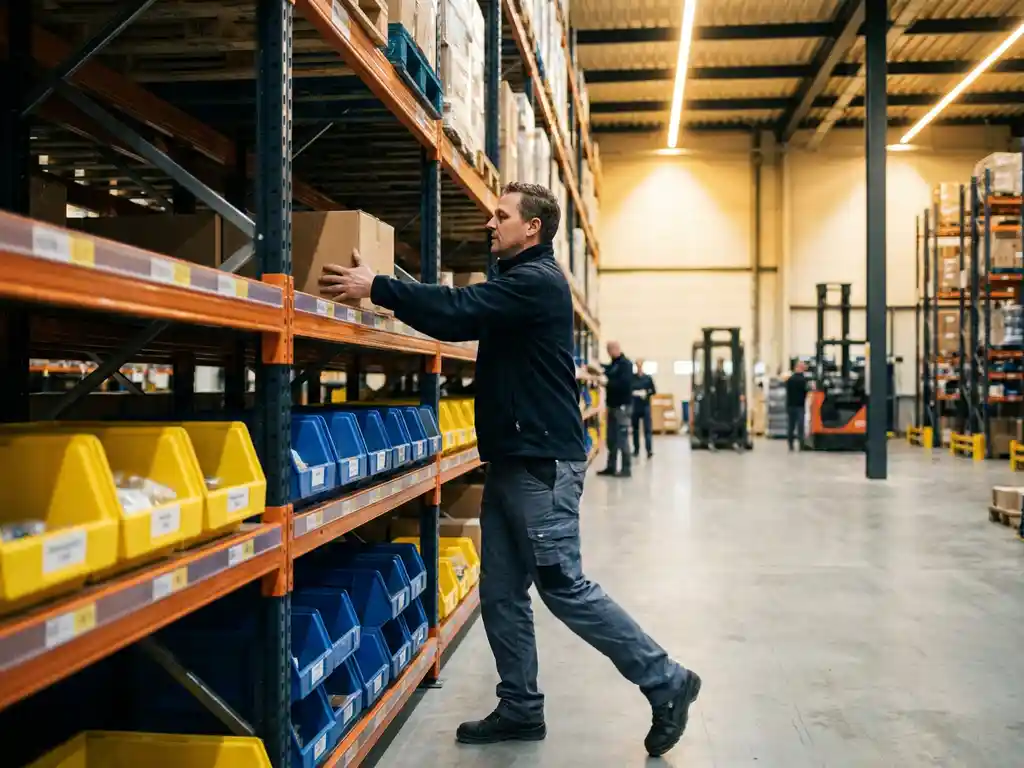 Magazijnmedewerker pikt producten uit vijflaags palletrekken in moderne logistieke faciliteit met georganiseerde, gelabelde vakken.