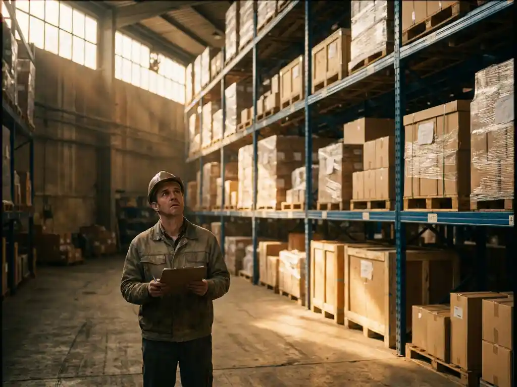 Magazijnmedewerker met klembord kijkt omhoog naar hoge palletrekken vol gestapelde goederen in een grootschalig distributiecentrum.