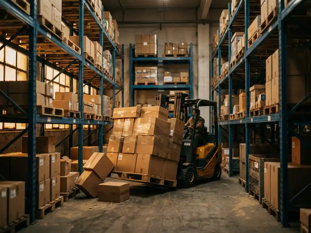 Overvolle palletrekken in een moderne magazijn met een overbeladen houten pallet, kartonnen dozen op betonvloer en een heftruck in smalle gang.